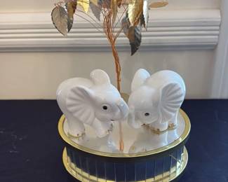 Vintage Ceramic Elephant Figurine with Metal Tree Sculpture