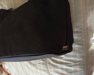 Black Nylon Shoulder Bag with Silver Tone Logo Plate