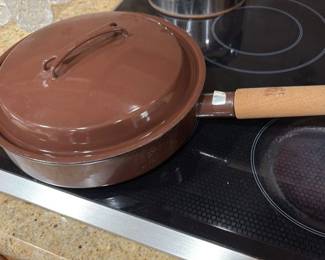 Vintage Brown Enamel Frying Pan with Lid and Wooden Handle