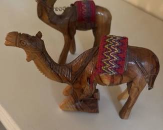 Hand Carved Wooden Camel Figurine with Textile Saddle