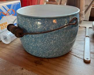 Antique Blue Relish Enamelware/Graniteware Kettle