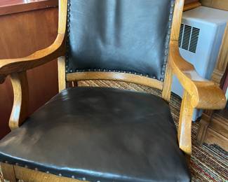 Antique Oak Black leather Swivel Office Chair