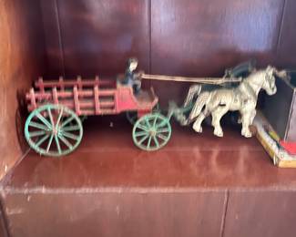 1930’s Cast Iron Toy Driver, Horses & Wagon