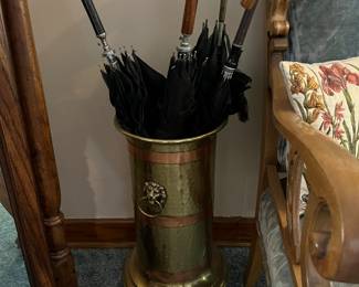 Vintage Brass and Copper Umbrella Stand with vintage umbrellas