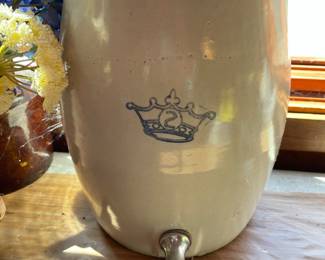 Antique Robinson Ransbottom 2 Gallon Stoneware Water Cooler with a blue crown stamp
