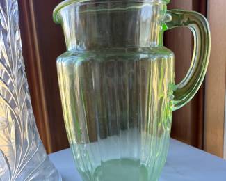 Vintage Ribbed Green Uranium Glass Pitcher
