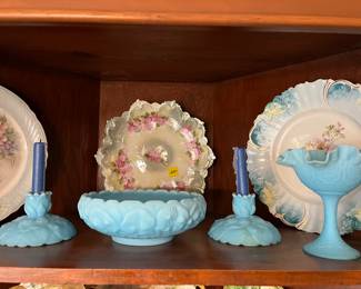 Vintage Fenton Light Blue Satin Lily bowl, candlesticks and ruffled pedestal compote