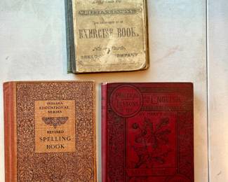 1874 Patterson’s common school speller,  1901IES spelling book, 1896 practical lessons, State Series