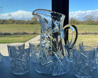 Vintage American Brilliant Cut Glass pitcherand glasses
