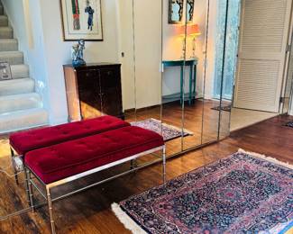 Entrance Hall with Oriental Area Rug and Upholstered Chrome Bench.