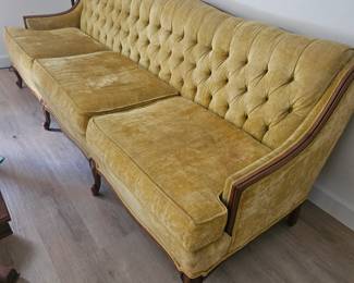 Golden velvety very vintage couch 7 ft long, corner scruff from their cat 30 years ago. Needless to say the cats gone to heaven, sofa is $250 or $300 for the set ( matching chair)