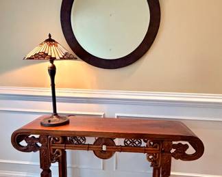 Asian Alter Table, Tiffany Style lamp and round mirror