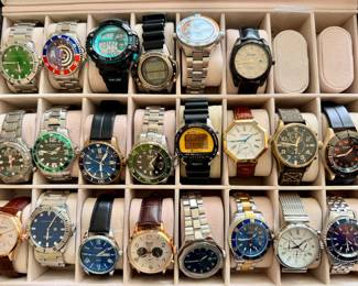 Large collection of men's watches, including Swiss Army, Bulova, Stauer (MANY), Invicta, Deep Blue, Stuhrling, Seiko, Casio, and Frederique Constant