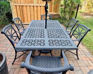 Smith and Hawken wrought iron table, chairs and umbrella