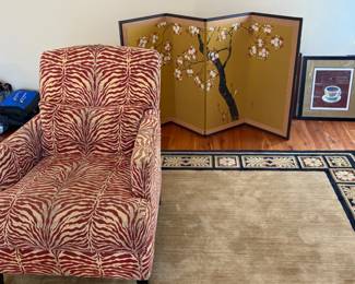 Custom upholstered zebra arm chair
Vintage Japanese table screen
Sculpted wool rug