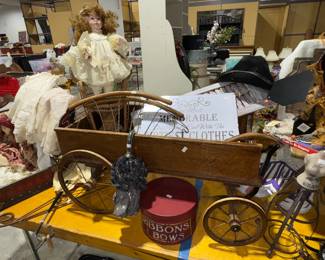 Wooden wagon, doll, vintage linen, tin, mannequin, signs