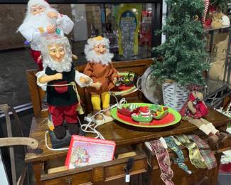 Christmas decorations, Santa, elves, ribbon, sideboard, hutch