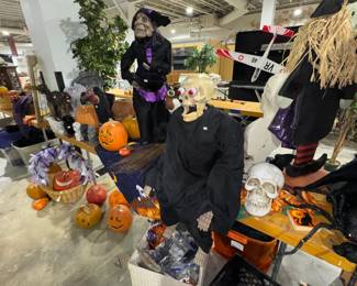 Halloween decorations, skeleton, witch, pumpkins, skull