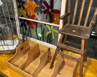 Stained glass hanging window, wood divied container, high chair