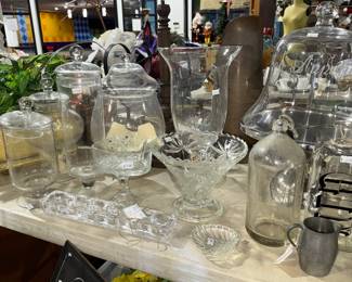 Glassware, canisters, vases, cake stands