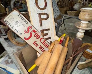 Signs, rolling pins, candle holders