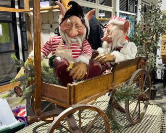 Christmas decorations, elf dolls, wooden wagon,
