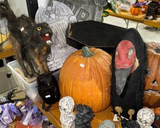 Halloween decorations, witch, ghost, pumpkins, mummies, scary cat
