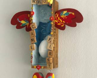 Folk art “Who Came First” shadow box wall hanging