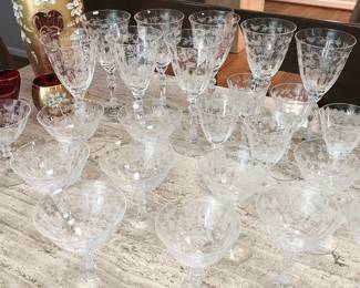 Set of vintage Fostoria Heather pattern etched glass stemware