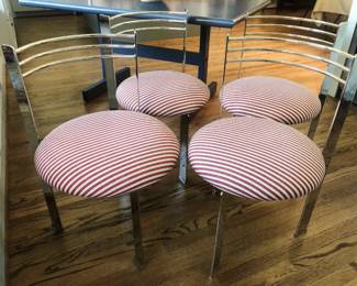Set of 4 Postmodern Memphis style three-legged chrome chairs, circa 1980s