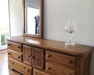 Vintage oak double dresser with beveled rectangular mirror