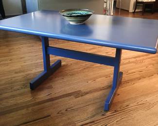 Blue-painted hardwood trestle table
