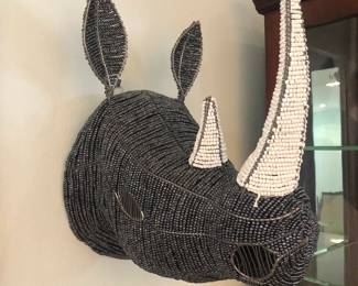 South African hand-beaded and wired rhino wall mount