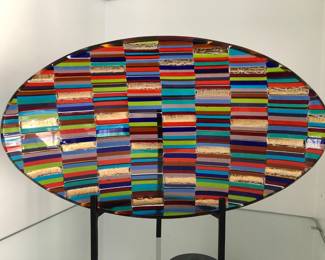 Multi-color fused glass oval bowl on stand