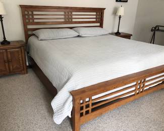 Vintage Mission-style king-size hardwood bed