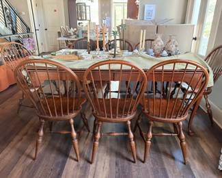 Formal Lexington Cherry dining table with two extendable leaves and eight Windsor style chairs