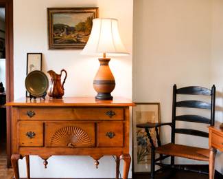 18th Century Queen Anne Maple Low Boy and Ogden Pleisner original painting, antique ladder back writing chair