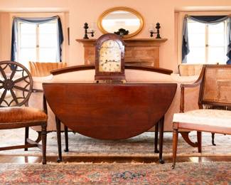 Shield Back Chair, antique American table, and Bigelow, Kennard & Co. Shelf Clock