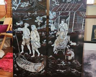 Set of 4 Chinese hand carved shell and lacquered wood panels; $100 each