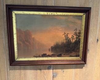 Albert Bierstadt "Sunset" original chromo-lithograph on board; original Prang Labels on reverse of frame along with original invoice