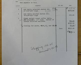 Nakashima order card for coffee table and two end tables