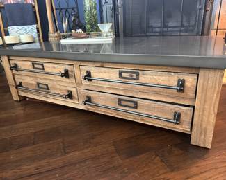 PRE SALE ITEM. Restoration Hardware Concrete Top Coffee Table: one small flaw/dent on corner - see photo $200  (very heavy)