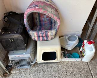 Pet Carriers, Cat Bed & Litter Box + Feeding Bowls