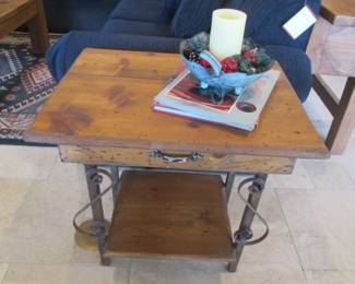 Wood Side Table with Swirls of Metal, 1-Drawer