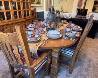 48" Dining Table, 24" Leaf & Pads,                                                          6-Chairs, 2-Arm & 4-Armless, Upholstered Seats                                                                    Husky, Spanish Colonial Look, Unique Carvings on Legs