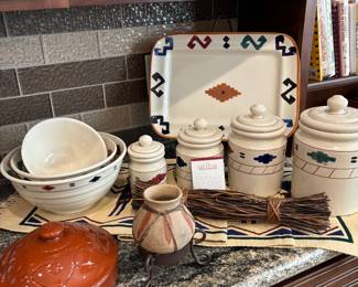 Heartstone "Cheyenne" Serving Platter, Canister Set and Mixing Bowls.                                                                                                   "Wieland Ware" Terracotta Tortilla Warmer (Foreground)