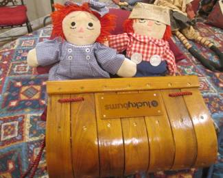 Lucky Bums Heirloom Wood Toboggan + Raggedy Ann & Andy Collectible Dolls