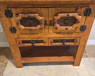 Entrance Table, Handcrafted Old Wood, Applied Detail Door Fronts + Metal Hinges & Pulls, 52" X 18"