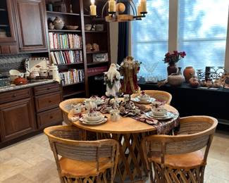 48" Round Equipale Table/4 Chairs, Handmade Rustic-Style, Leather Table Top & Chair Seats