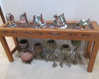  dept 56 Christmas Village Houses; Pottery on Stands.                                Carved Wood Console Table, Dowel Insert Table Top,   64" X 16" X 30"